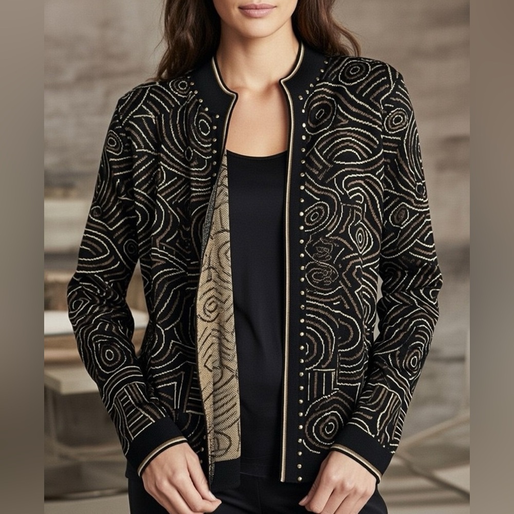 Ming Wang Black Gold Geo Abstract Pattern Knit Cardigan Stud Dressy Jacket Shiny